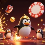 Visitez le meilleur casino en ligne avec une illustration 3D captivante où un pingouin en or propulsé par fusée explore l'espace.