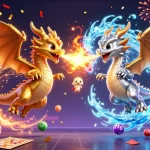 ポーカー オンライン 無料対戦の盛り上がる場面を描いた、ドラゴンや色とりどりのロトボールが飛び交うイラスト