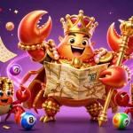 Experience the excitement of gg88 with a golden crab emperor amidst vibrant lottery elements.