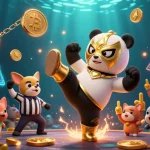 iwin casino scene with cartoon panda wrestler and referee chihuahua amidst digital game symbols