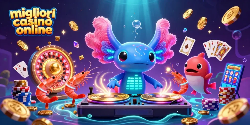 Scopri i migliori casinò online mentre il DJ axolotl suona con granchi danzanti e animazioni di gioco vibranti.