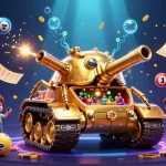 Découvrez le meilleur casino en ligne avec une illustration dynamique d'un tank-casino doré et des éléments ludiques étincelants.