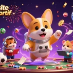 Un Corgi astronaute dans un casino spatial, jouant au meilleur site de paris sportif avec des éléments dynamiques.