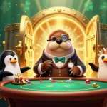 Casino en ligne le plus payant : Une illustration dynamique de jeu avec un phoque à la table de poker.