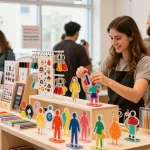 Custom acrylic stand display with diverse products in a vibrant shop.