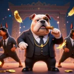 Illustration de mafia avec bulldog et dobermans dans un casino en ligne avec retrait instantané.