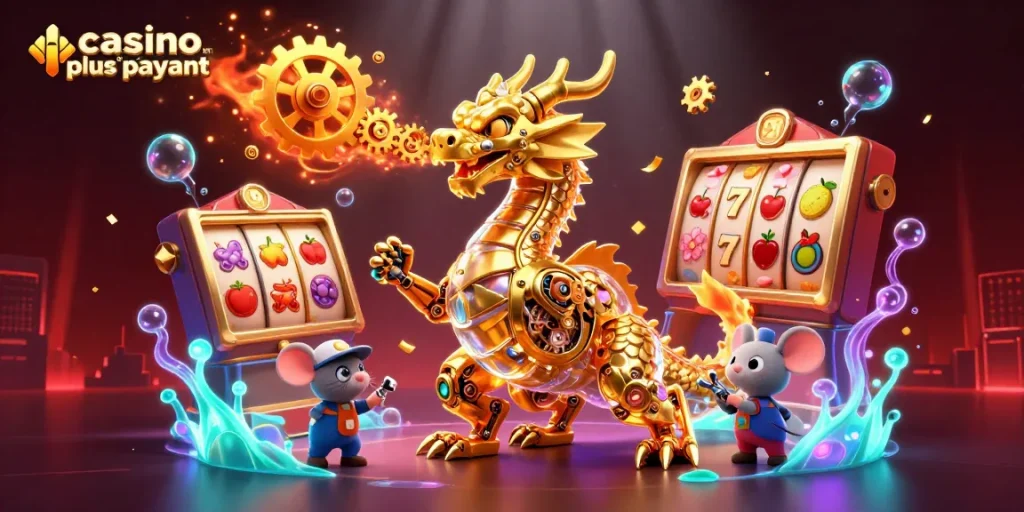 Illustration dynamique d'un dragon doré dans un casino, symbolisant un casino en ligne le plus payant.