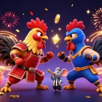 Gioca nel crypto casino online 2026 con i galli combattenti in un'illustrazione ricca di dettagli.