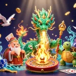 Jouez à casino en ligne retrait instantané avec une illustration dynamique de dragons et de sage.