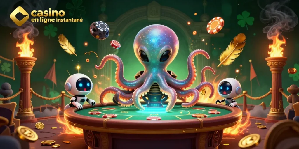 Jouez au casino en ligne retrait instantané avec cette scène captivante illustrant un octopus extraterrestre et des jetons en orbite.