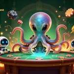 Jouez au casino en ligne retrait instantané avec cette scène captivante illustrant un octopus extraterrestre et des jetons en orbite.