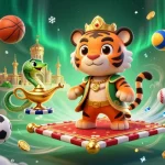 Engage with bl555's casino excitement through a dynamic 3D illustration featuring a tiger sultan, lively sports elements, and vibrant gold accents.