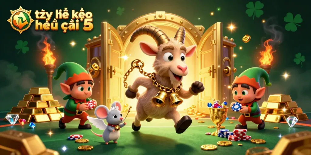 Engaging sports betting scene featuring a tỷ lệ kèo nhà cái 5 with whimsical characters in a dynamic 3D illustration.