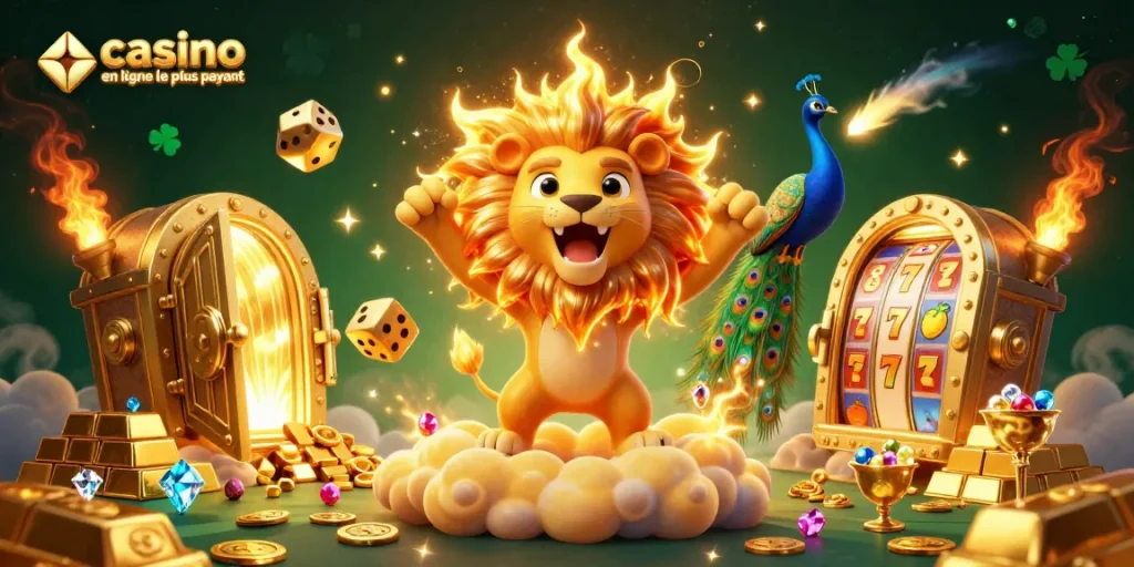Visualisez le casino en ligne le plus payant avec un lion solaire et des dés dorés fascinants.
