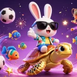Illustration dynamique montrant un lapin chanceux et une tortue géante, symboles de paris sportif sur le meilleur site de paris sportif.