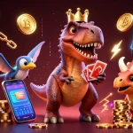 Plongez dans le monde du casino en ligne le plus payant avec ce T-Rex et ses amis, entourés de pièces Bitcoin et Ethereum.