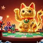 Experience gaming triumphs with GG88 VIP's exciting casino world featuring a lucky cat amidst dynamic poker elements.