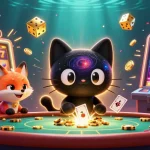 Gagnez avec le meilleur casino en ligne grâce à une illustration dynamique et colorée d'un chat à trou noir.