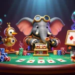 Illustration d'un éléphant ingénieur mécanicien à une machine à sous, représentant un casino en ligne avec retrait instantané.