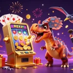 Le casino en ligne le plus payant dévoile un pachycephalosaurus frappant une machine à sous dorée pour débloquer des pièces, tandis qu'un ankylosaure paniqué gère la scène.