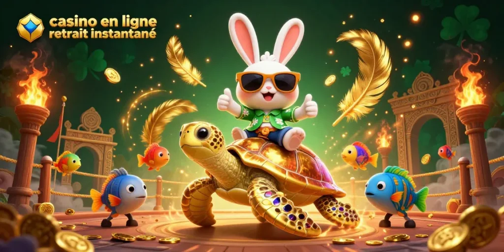 Jouez au casino en ligne retrait instantané avec un lapin chanceux et une tortue dorée.