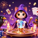 Illustration captivante du casino en ligne retrait instantané avec un chat mystique et des effets magiques.