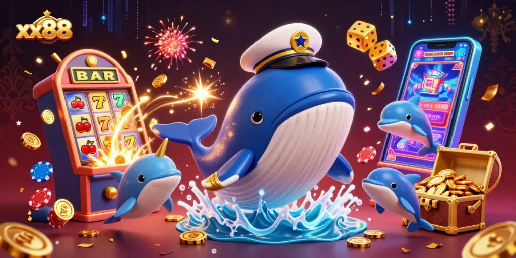 Experience the excitement of xx88 with playful dolphins and a majestic whale amidst a casino adventure