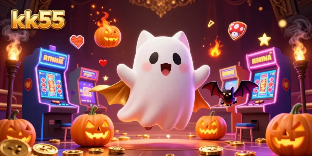 Experience thrilling gameplay at kk55 with a ghost cat and vampire bat in a vibrant casino scene.