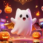 Experience thrilling gameplay at kk55 with a ghost cat and vampire bat in a vibrant casino scene.