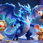 Image illustrant un dragon de casino en ligne France gagnant avec des machines à sous autour, créant de l'excitation et du dynamisme.
