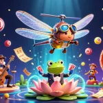 Illustration vibrante de casino en ligne le plus payant avec un pilote libellule et un croupier grenouille