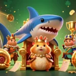 Jouez à casino en ligne retrait instantané avec un roi hamster doré sur un trône, entouré de symboles de machine à sous.