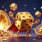 Casino en ligne retrait instantané : un golem de dés dorés jonglant avec des gains et des trésors.