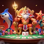 Découvrez les jeux de casino en ligne retrait instantané avec Neptune entouré de cartes et de jetons colorés.