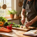 Preparing a healthy meal in a cozy kitchen highlighting fresh vegetables and herbs, showcasing culinary creativity and health benefits of meals like สล็อต.
