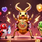 Visuel dynamique sur le thème du casino en ligne retrait instantané, mettant en scène des personnages colorés et des machines à sous.