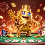 Plonger dans l'univers du casino en ligne retrait instantané avec un golem en or, des jetons et des cartes éblouissantes.