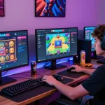 Engaging online gaming session featuring Playbook88 with vibrant graphics, gaming gear, and a cozy atmosphere.