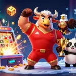 オンラインカジノ ブラックジャックの勝利を祝うキャラクターが集結する賑やかなシーン