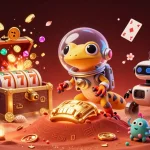 Illustration de casino en ligne retrait instantané avec un gecko martien et un rover dans un paysage dynamique.