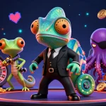 Illustration dynamique d'un casino en ligne retrait instantané, avec un caméléon et un gecko entourés d'éléments de jeu.