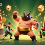 Illustration dynamique de casino en ligne retrait instantané, avec un scarabée sumo champion et machine à sous débordante de pièces.