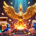 Illustration dynamique de "casino en ligne retrait instantané" avec un phoenix doré et des éléments de jeu captivants.