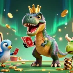 Casino en ligne retrait instantané : T-Rex jouant aux cartes avec un ptérodactyle dans une scène dynamique.