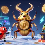 Une illustration 3D d'un casino en ligne retrait instantané animée par un scarabée doré, représentant l'excitation des jeux d'argent.