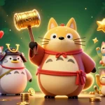 Illustration dynamique sur le thème du casino en ligne paiement rapide avec un tanuki, un héron et des maneki-neko.