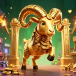Illustration captivante de casino en ligne le plus payant avec un bélier doré chargant vers une porte en or, entouré de machines de jeu colorées.