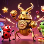 Visualizza i migliori casino online non AAMS con un immancabile incontro tra un scarabeo gigante e un piccolo aiutante in un ambiente scintillante.