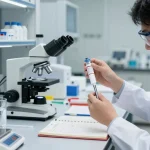 Scientist handling a lyophilized peptide vial in a modern laboratory setting, emphasizing research and precision.