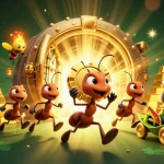 Découvrez le meilleur casino en ligne avec des fourmis apportant un jeton de poker géant dans une scène dynamique et riche.
